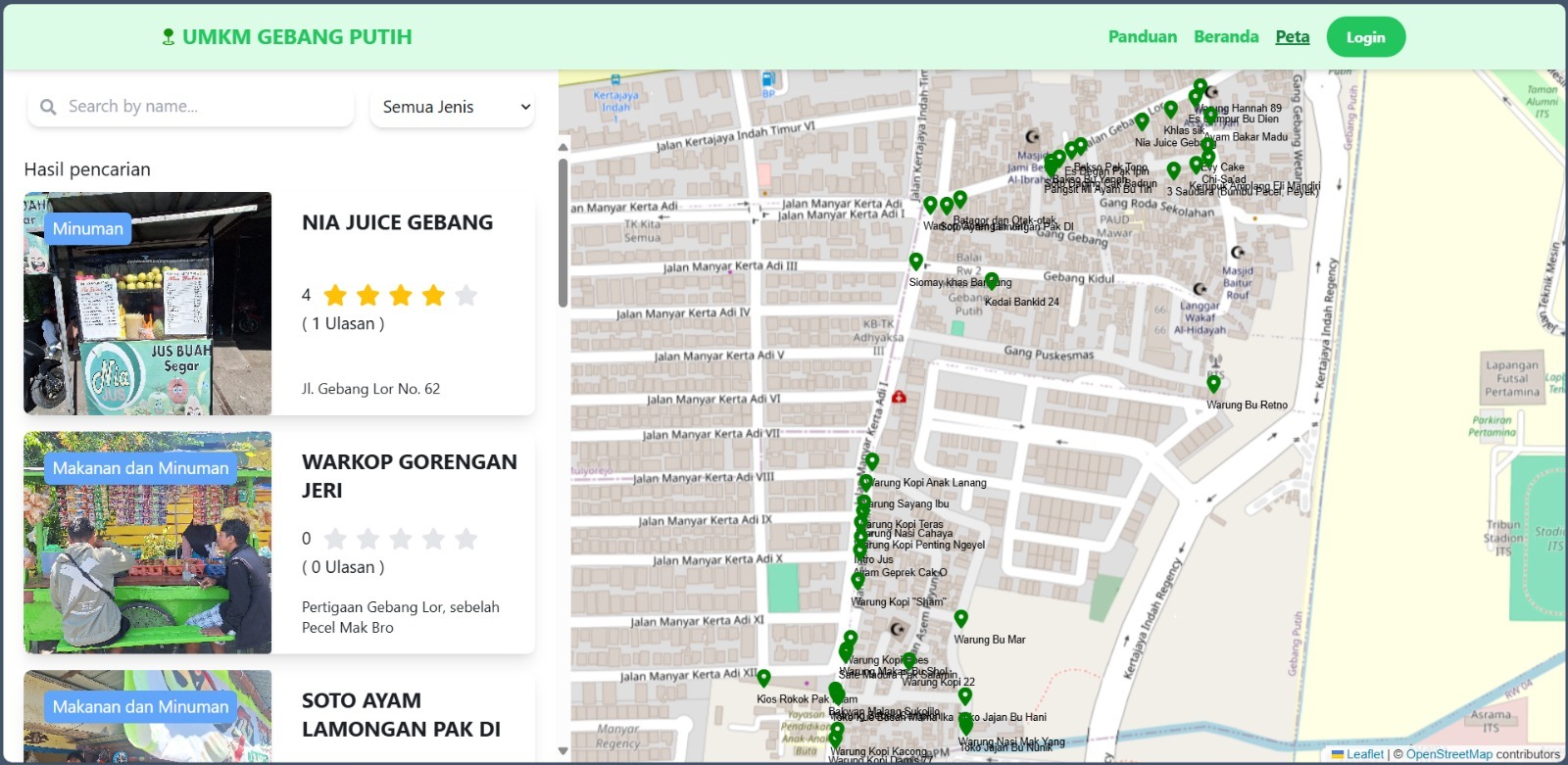 Tampilan Peta Persebaran Umkm Di Kelurahan Gebang Putih Surabaya Pada Laman Webgis Umkmgebang.my .id 